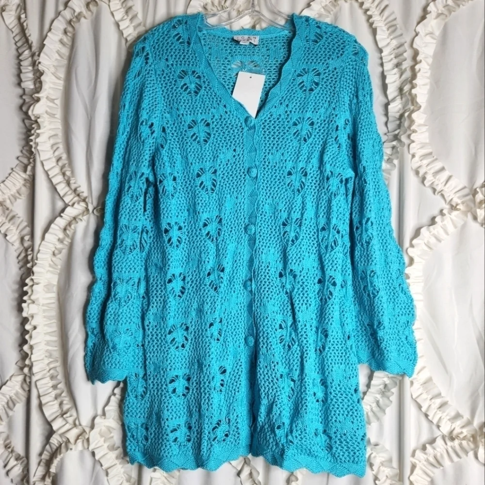 New JOAN RIVERS Aqua Blue Long Cardigan Size L Knitted Heart Long Sleeves